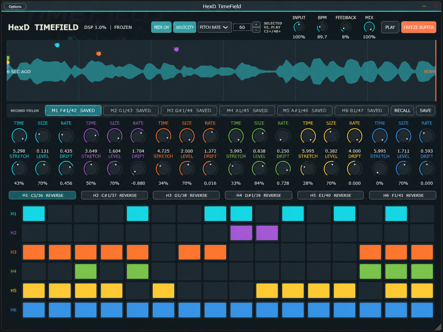 HexD TimeField with a frozen six-second audio waveform